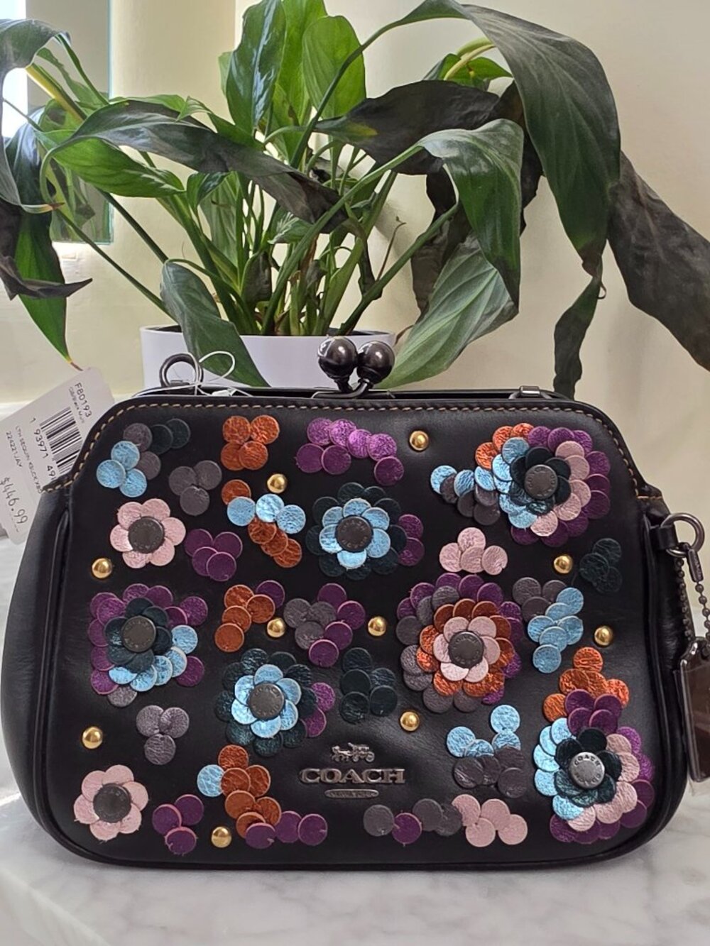 NWT Coach Black Floral Appliqué Kiss-Lock Handbag
